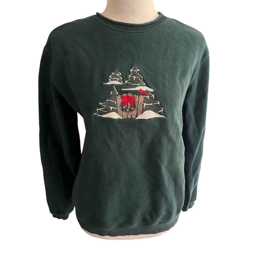 Vtg Embroidered Christmas Sweatshirt, Cardinal Snowy Pines, Wreath Cottagecore S